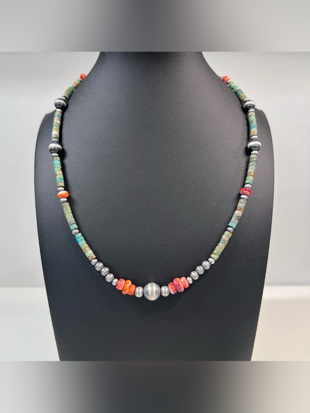 Sterling Silver Navajo Pearls, Heishi Turquoise & Spiny Oyster Necklace